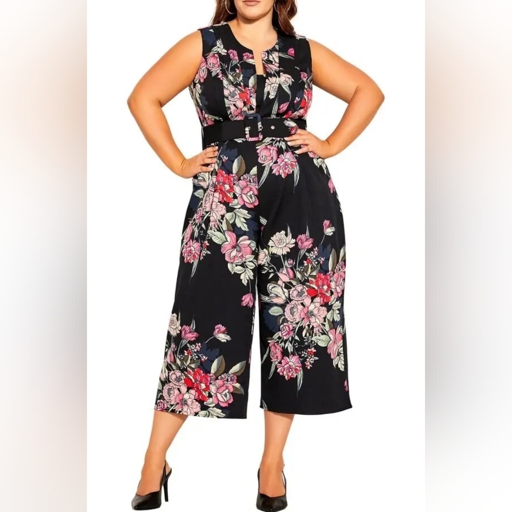 City Chic Sleeveless Black Floral Belted Jumpsuit, City Chic Size L=Size 20, NWT - Picture 4 of 7